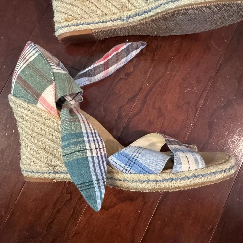 Tommy Hilfiger Plaid Espadrille Wedge Sandals Fabric Ankle Tie 3.5